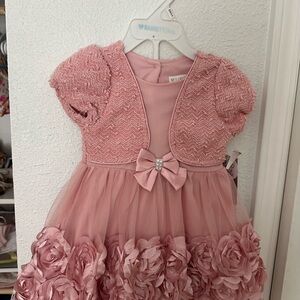 Girls Pink Floral Tulle Party Dress with Bow